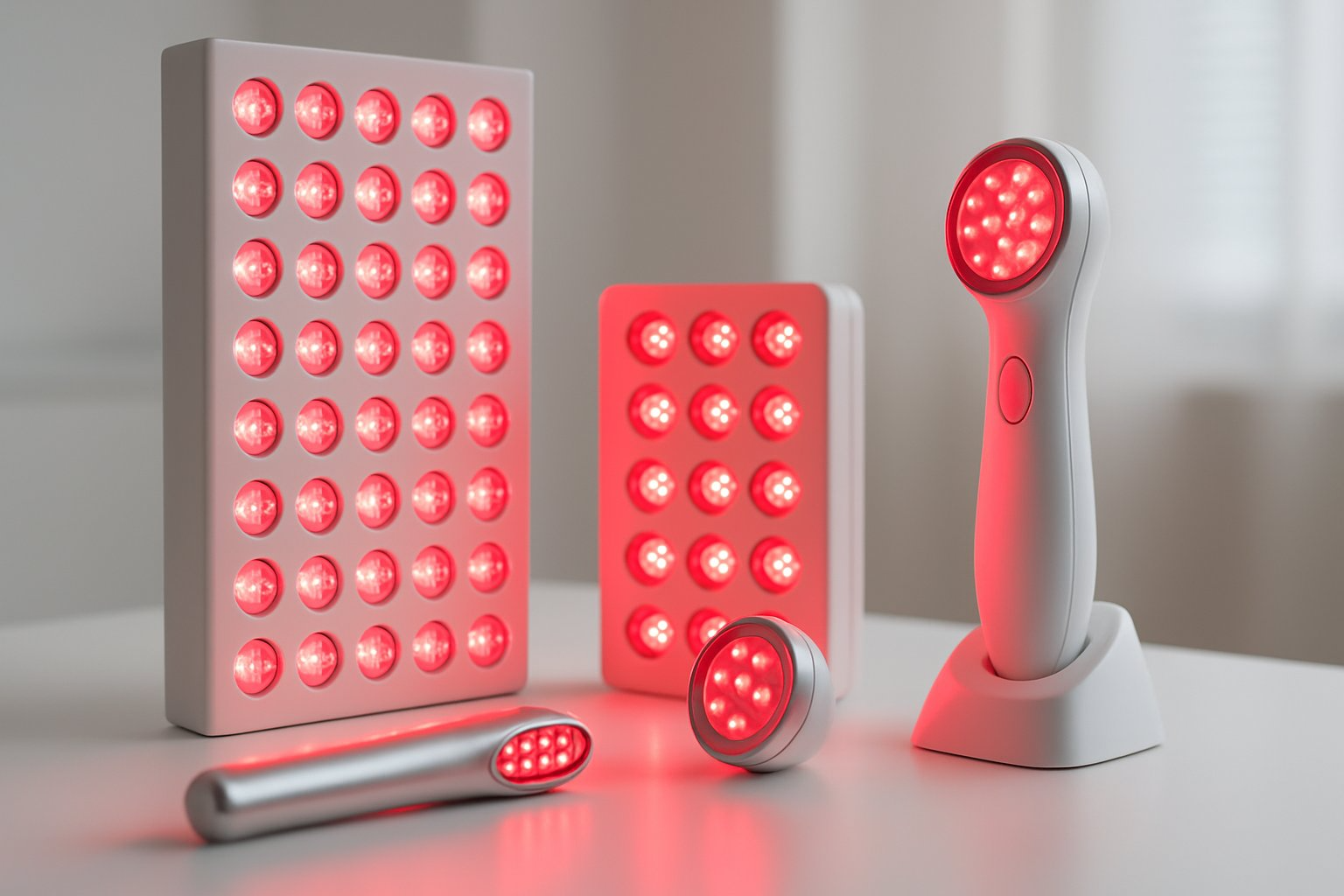 A variety of red light therapy devices displayed on a white surface, emitting a gentle red glow.