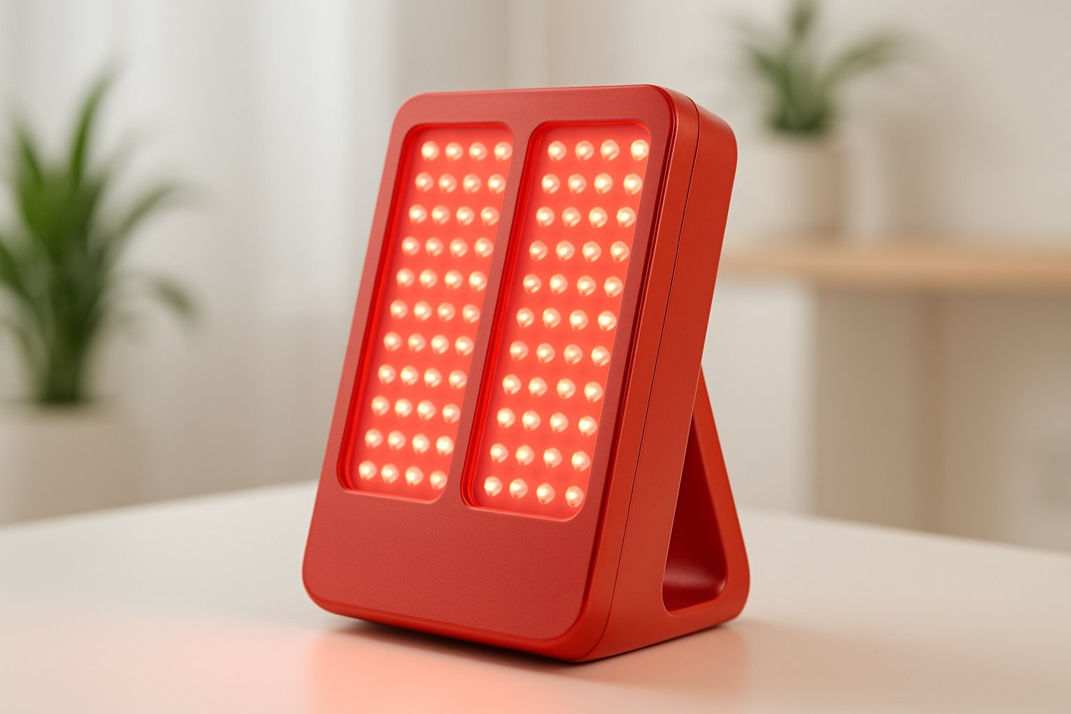 A modern red light therapy device glowing red on a white surface in a clean wellness setting with plants in the background.