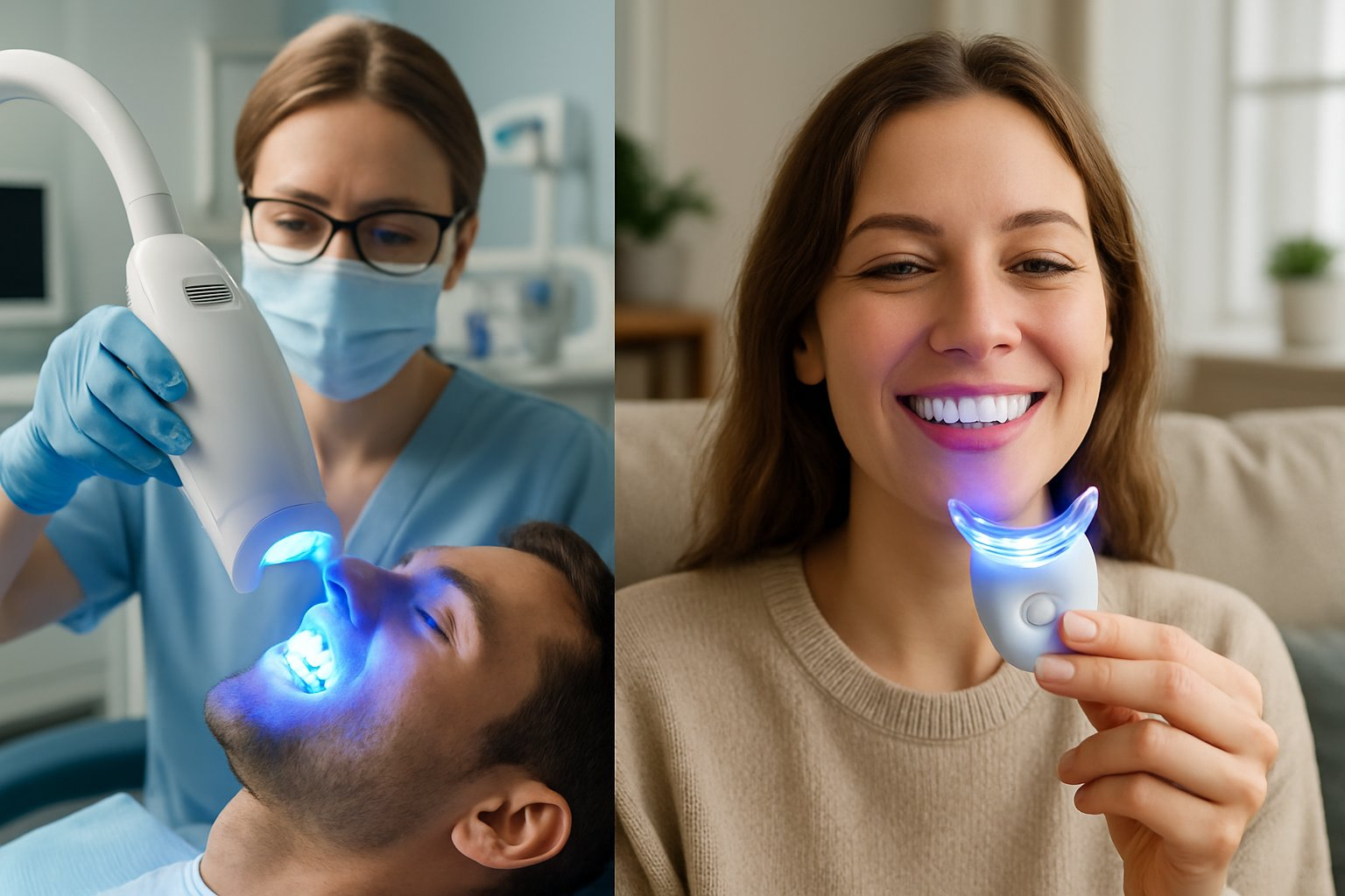 Split image showing a dentist using a blue light device on a patient in a clinic and a person using a blue light whitening device at home.