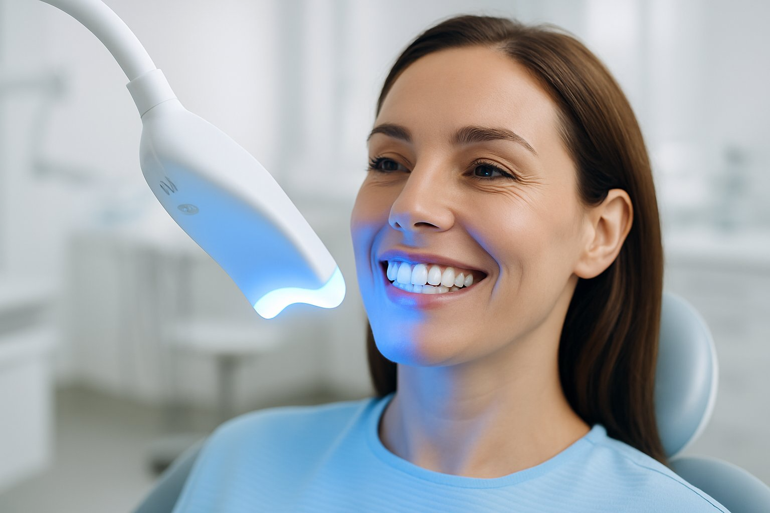 Close-up of a smiling woman undergoing blue light teeth whitening treatment in a modern dental clinic.