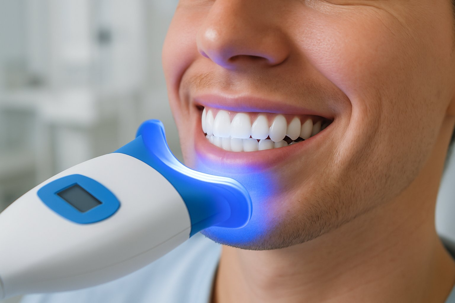 Close-up of a smiling person receiving teeth whitening treatment with a blue LED light device in a dental office.