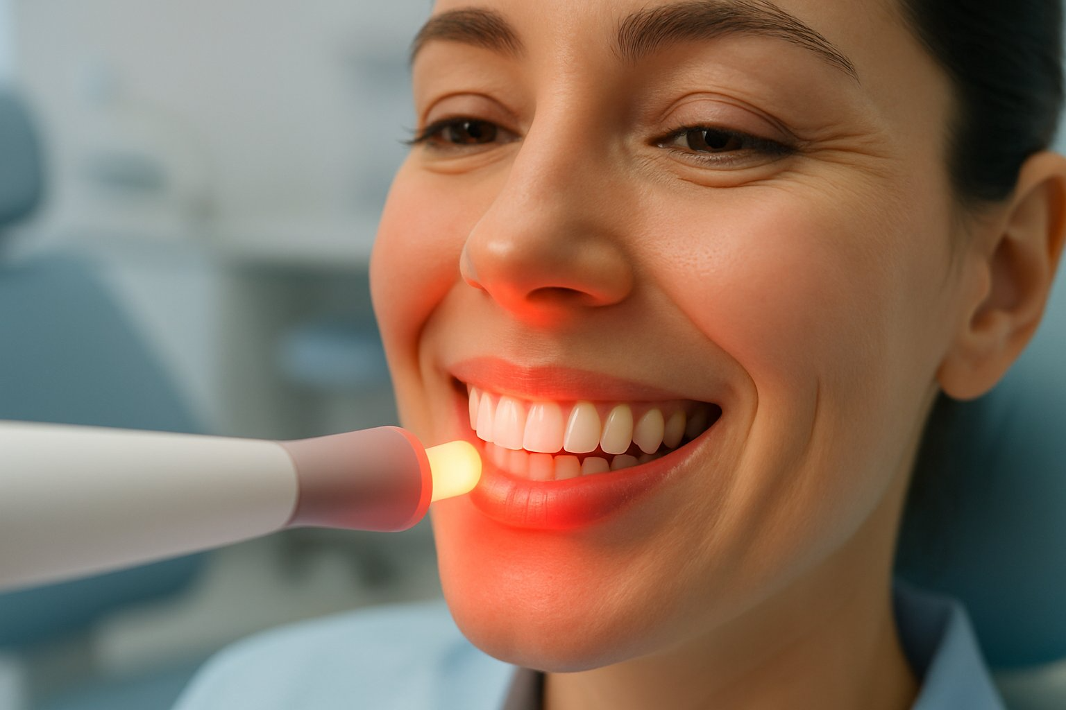Close-up of a person smiling with healthy gums illuminated by red light in a dental clinic.