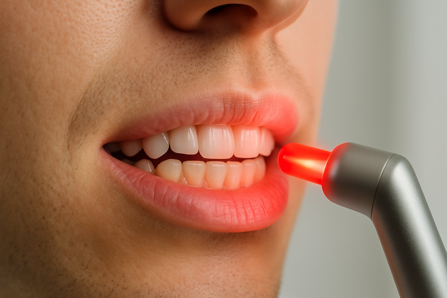 Close-up of a person's lower face showing gums and teeth with a red light therapy device shining red light on the gums.