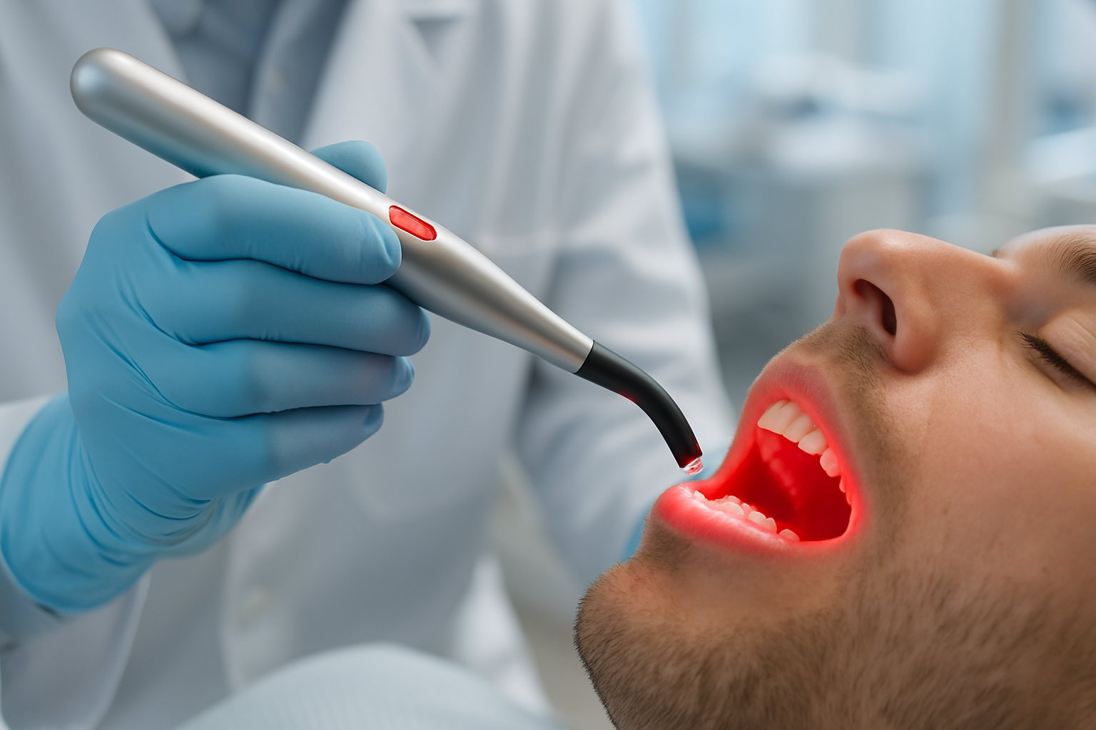 A dentist uses a red light therapy device on a patient's gums in a modern dental clinic.