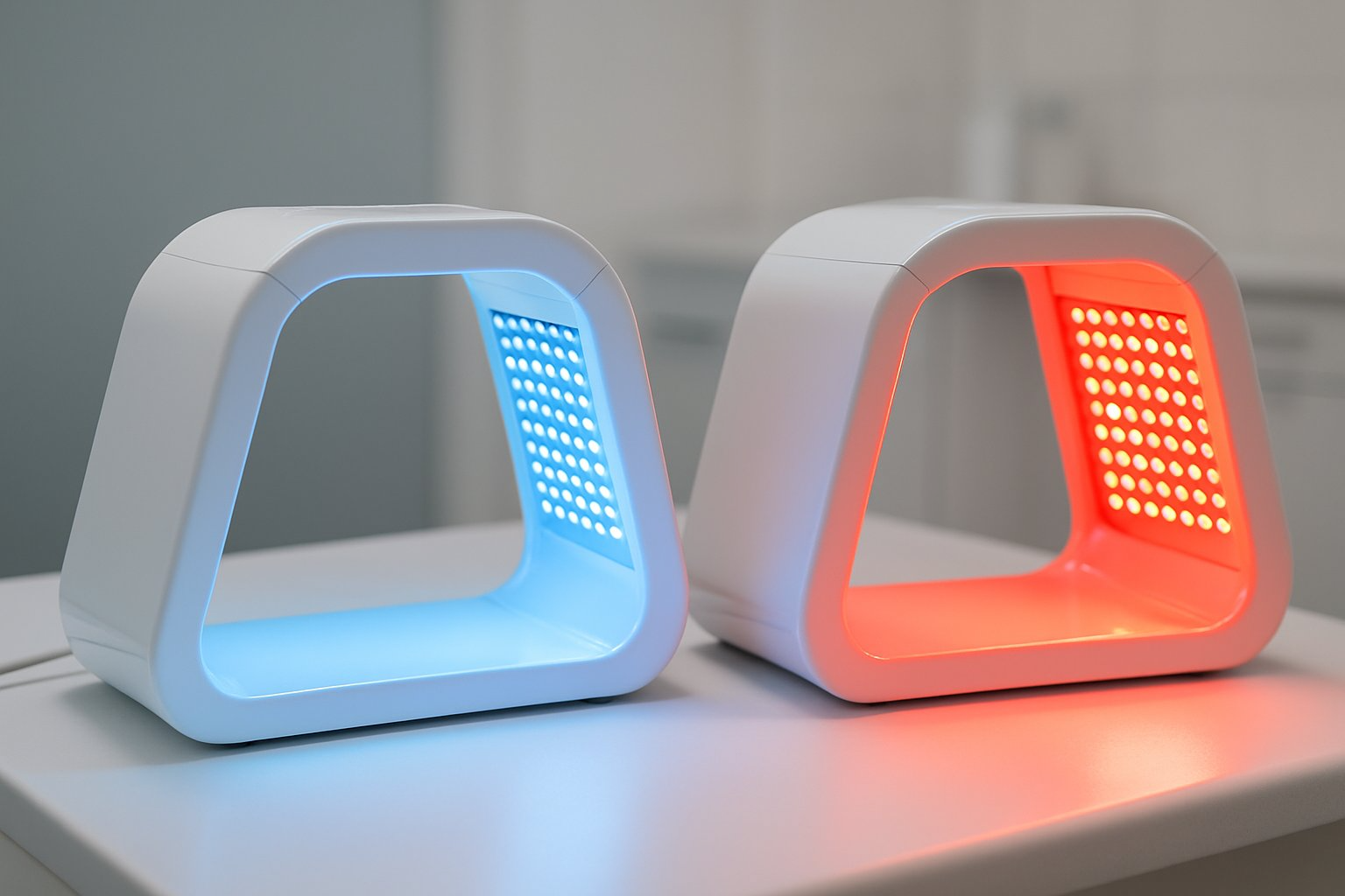 Two therapy devices side by side emitting blue and red light glows on a clinical surface in a medical setting.