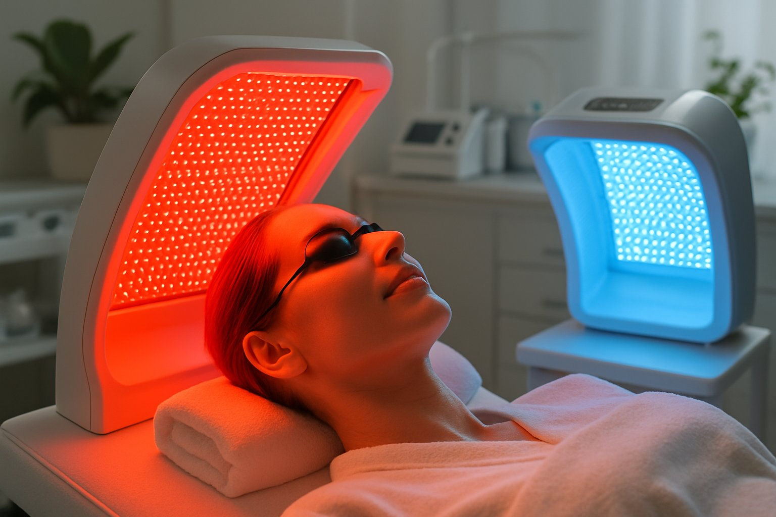 A person receiving red light therapy on their face with a red light panel, and a blue light therapy device glowing nearby in a clean wellness clinic.