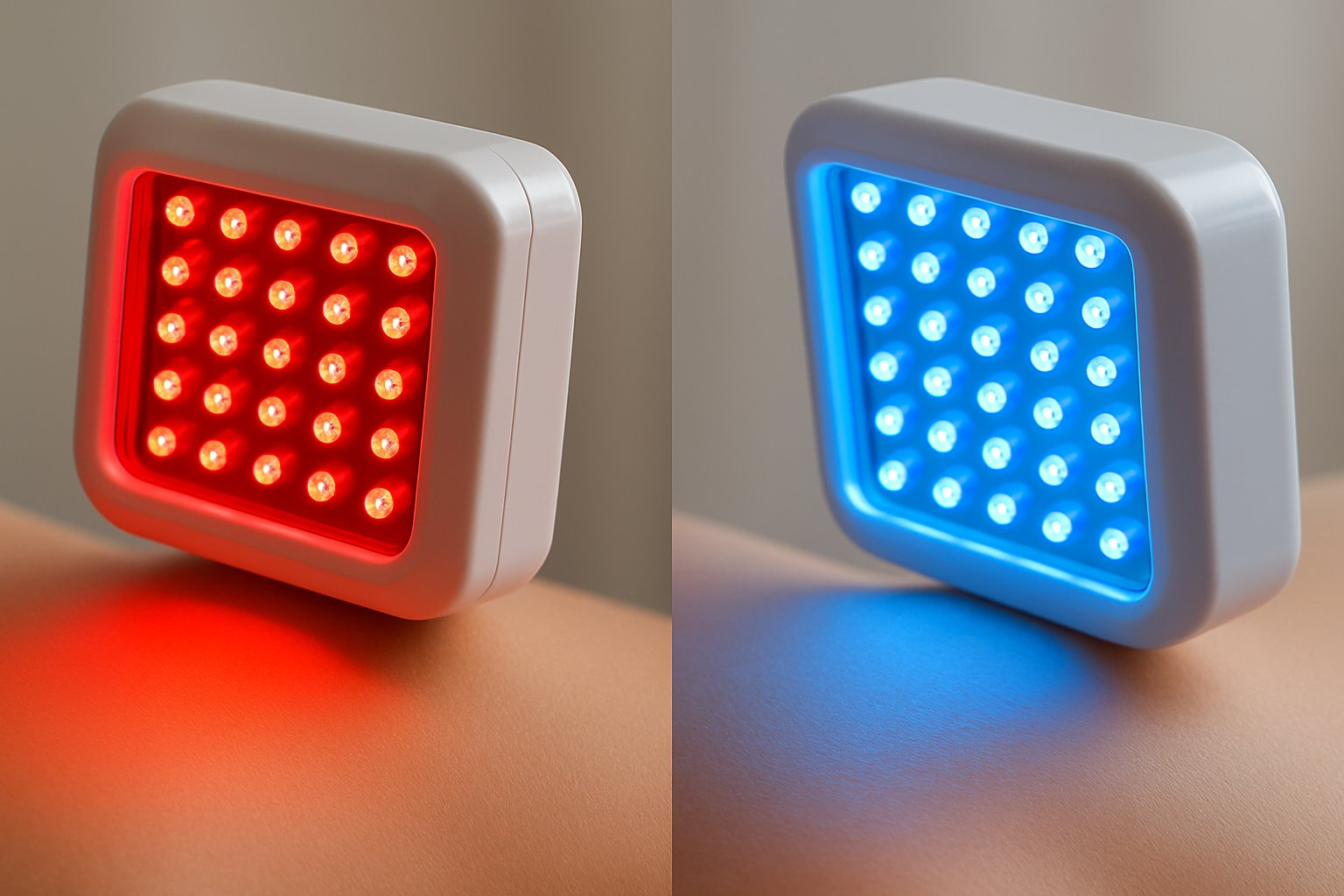 Close-up view of red and blue LED light therapy devices shining on skin side by side.