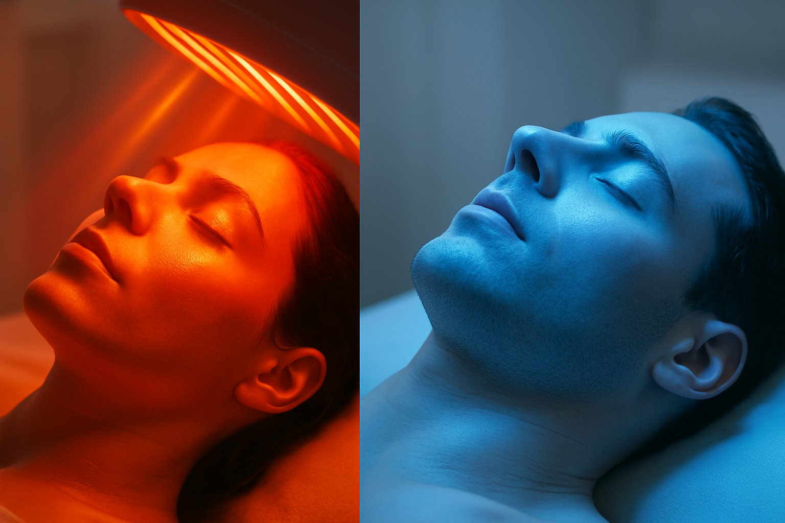 Side-by-side image of two people receiving light therapy, one illuminated by red light and the other by blue light, showing the difference between red and blue light treatments.