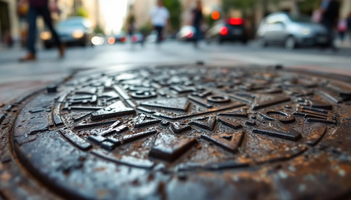 Close-up of a cast iron manhole lid with a blurred background.