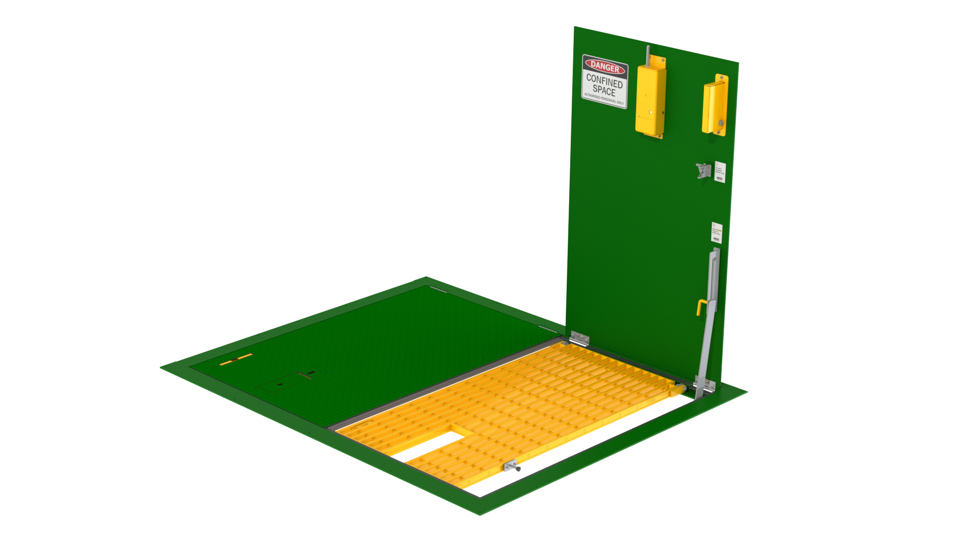 A close-up of airtight and gas tight access covers on a road surface.
