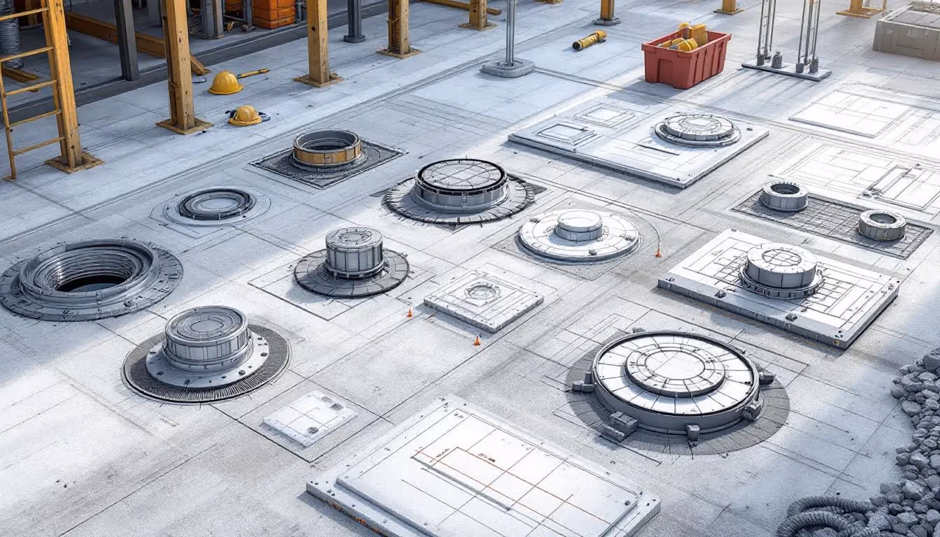 A variety of single part access covers displayed on a construction site.