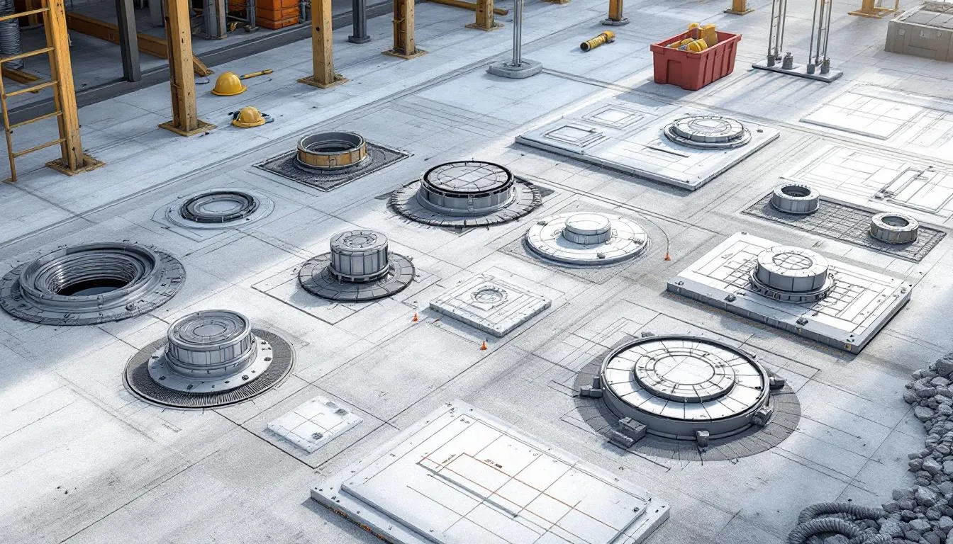A variety of single part access covers displayed on a construction site.