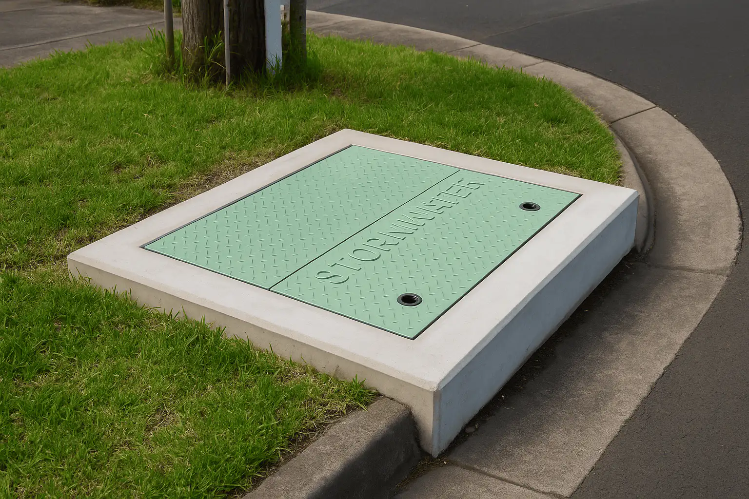 Access covers for stormwater pits in a landscaped area.