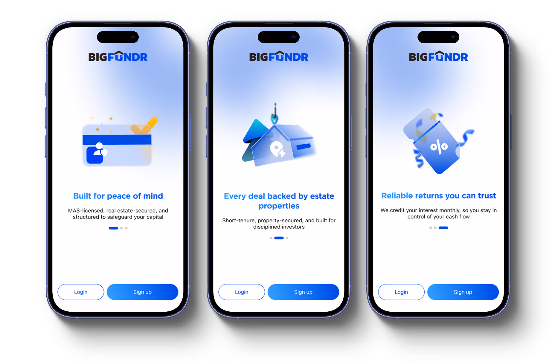 Three smartphone show the BIGFUND app onboarding screens. Each screen highlights features: security, real estate backing, and reliable returns. The design is sleek and modern.
