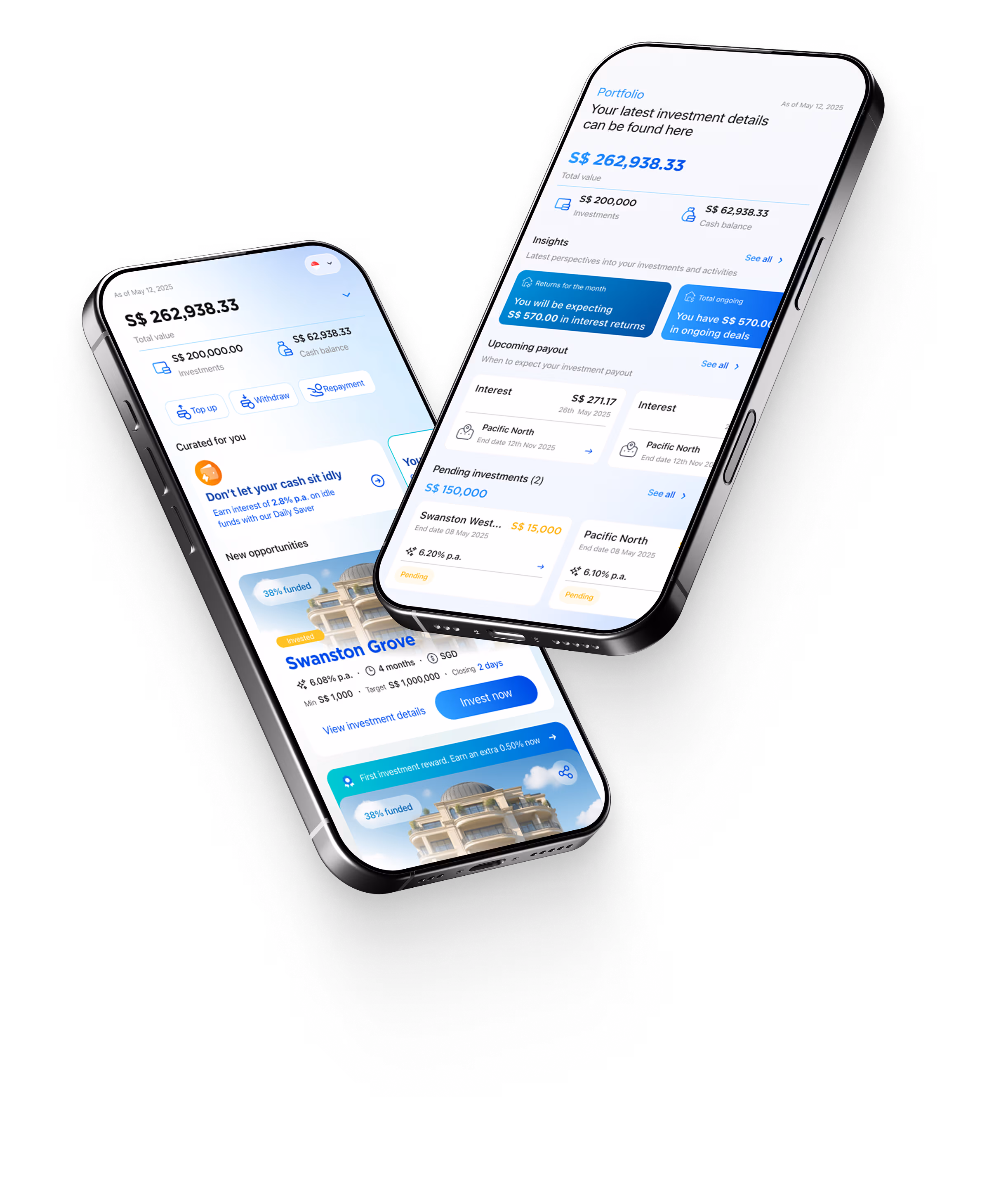Two smartphones display BigFundr app with investment details, insights, and property images on a light blue background, conveying a modern, informative tone.