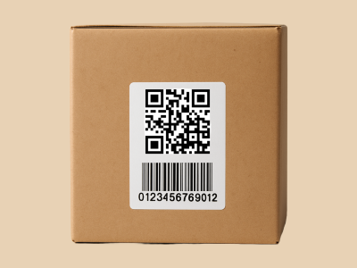 Cardboard box with a white label showcasing a 2D barcode