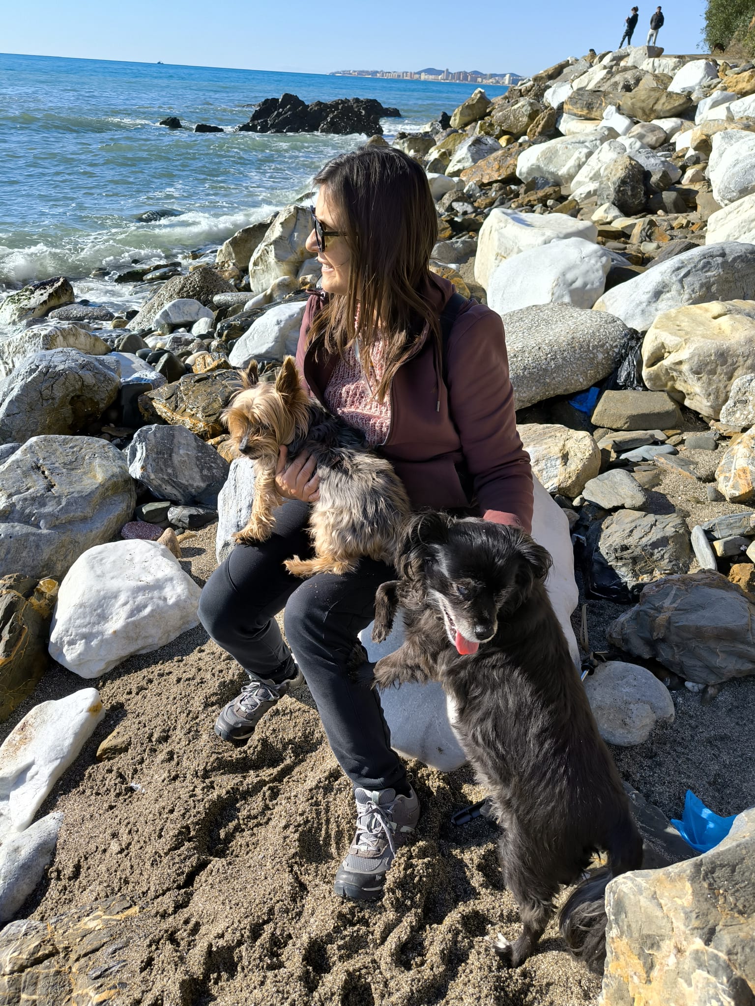 Paqui Cabello - Adiestradora Canina en una playa con sus dos perros mientras paseabana y tomaban el sol