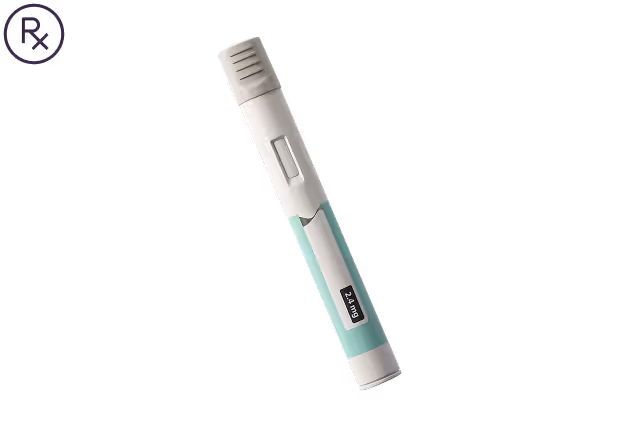 Portable medical inhaler pen with dosage label showing 2.1 mg and an Rx symbol nearby.