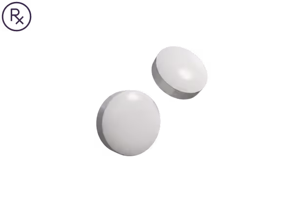 Two white round tablets with a purple Rx prescription symbol in the upper left corner.