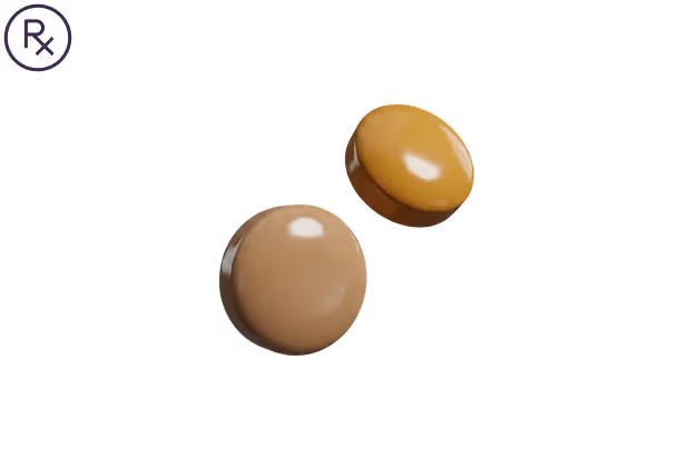 Two round pills, one light brown and one yellow, with a prescription RX symbol in the top left corner.