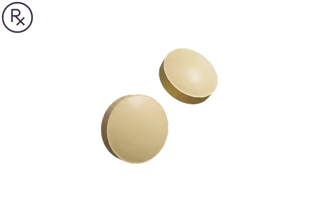 Two round yellow tablets with a purple prescription symbol in the top left corner on a black background.