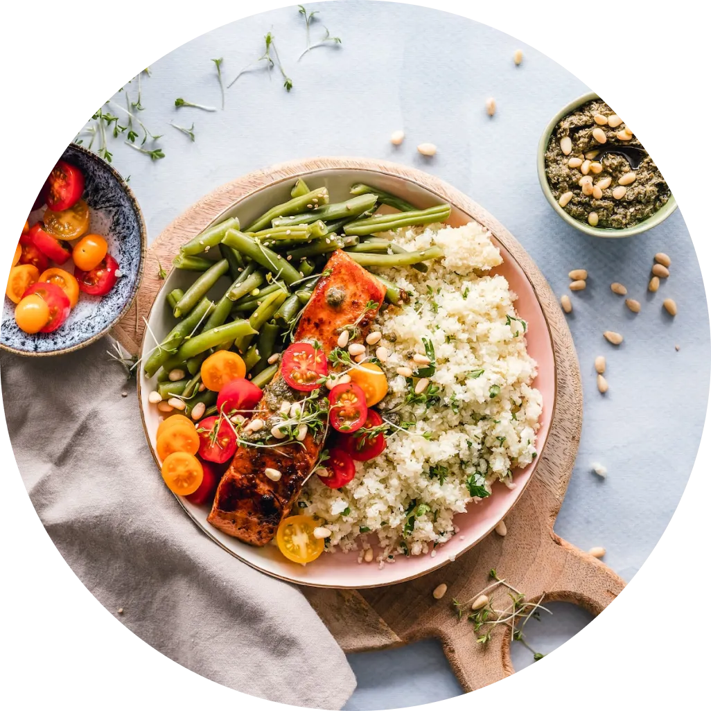 Bowl of Salmon, beans, and rice