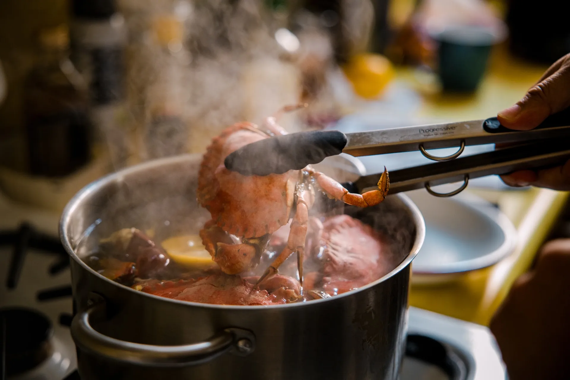 Crabs boiling in a pot