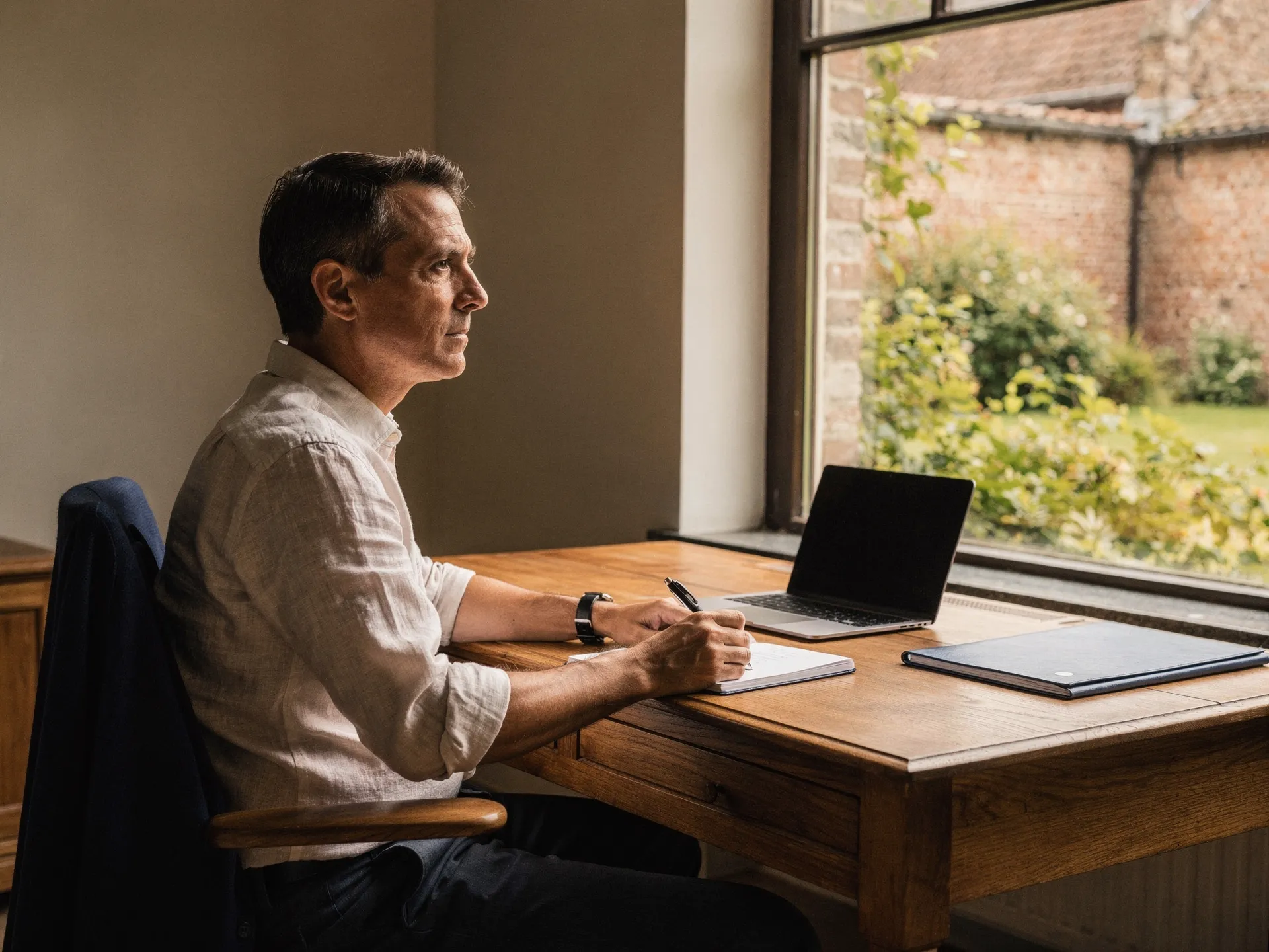 Illustratief beeld: bestuurder denkt aan zijn bureau na over een volgende stap.