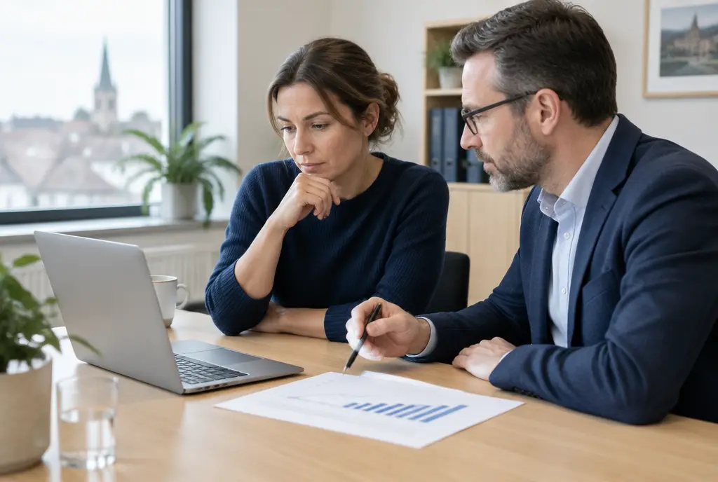 Illustratief beeld: ondernemer en adviseur bespreken een financiële prognose.
