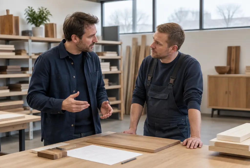 Illustratief beeld: ondernemer en werkplaatsverantwoordelijke overleggen in een schrijnwerkerij.