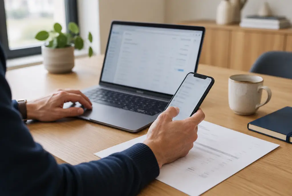 Illustratief beeld van digitale administratie met laptop, smartphone en factuur
