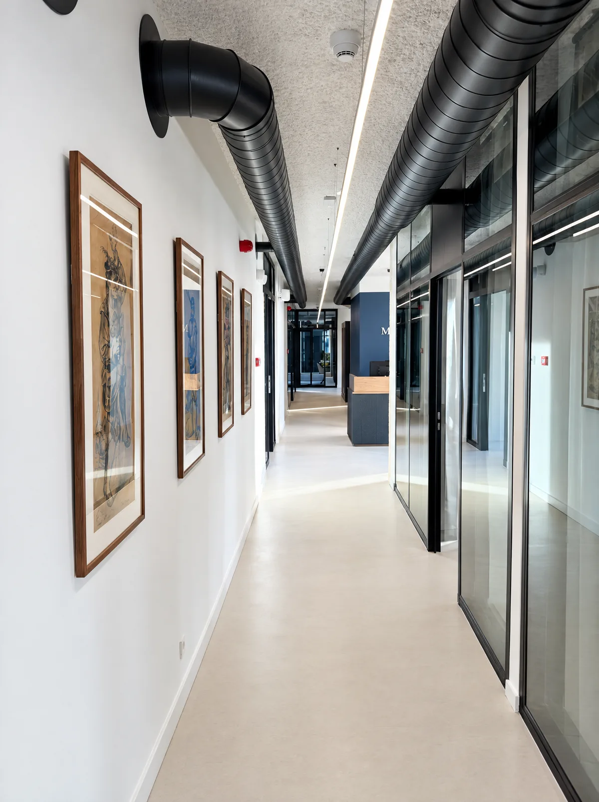 Lichte gang in het kantoor in Schilde met kunstwerken en glazen kantoorwanden