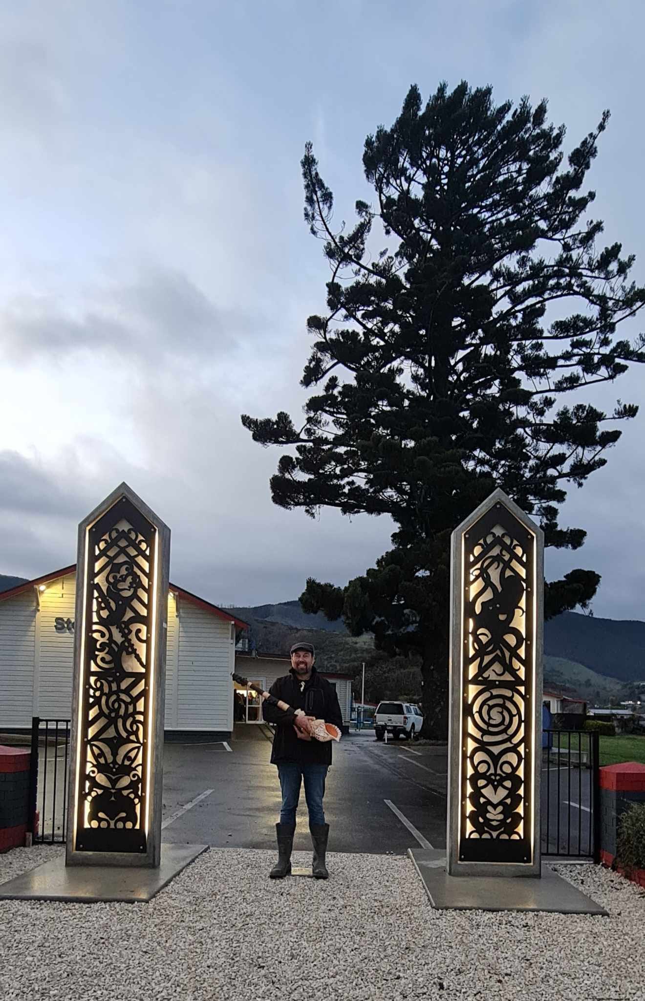 Contemporary waharoa in concrete panels with stencilled steel inserts depicting the battle between Kupe and Te Wheke a Muturangi and themes from Te Tauihu (2024) Top South MediaCredit: 