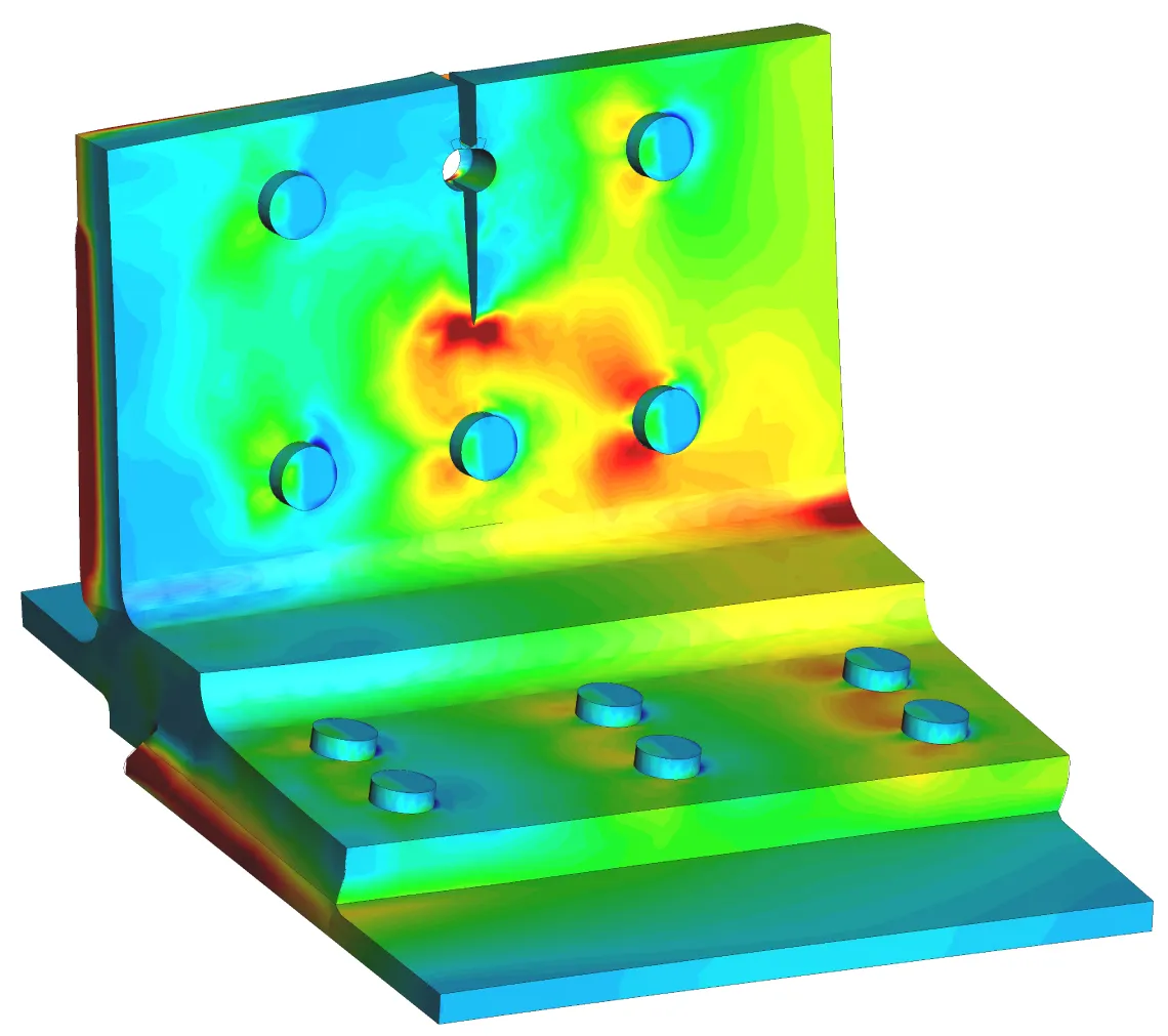 bracket connecting two panels showing simulated crack growth