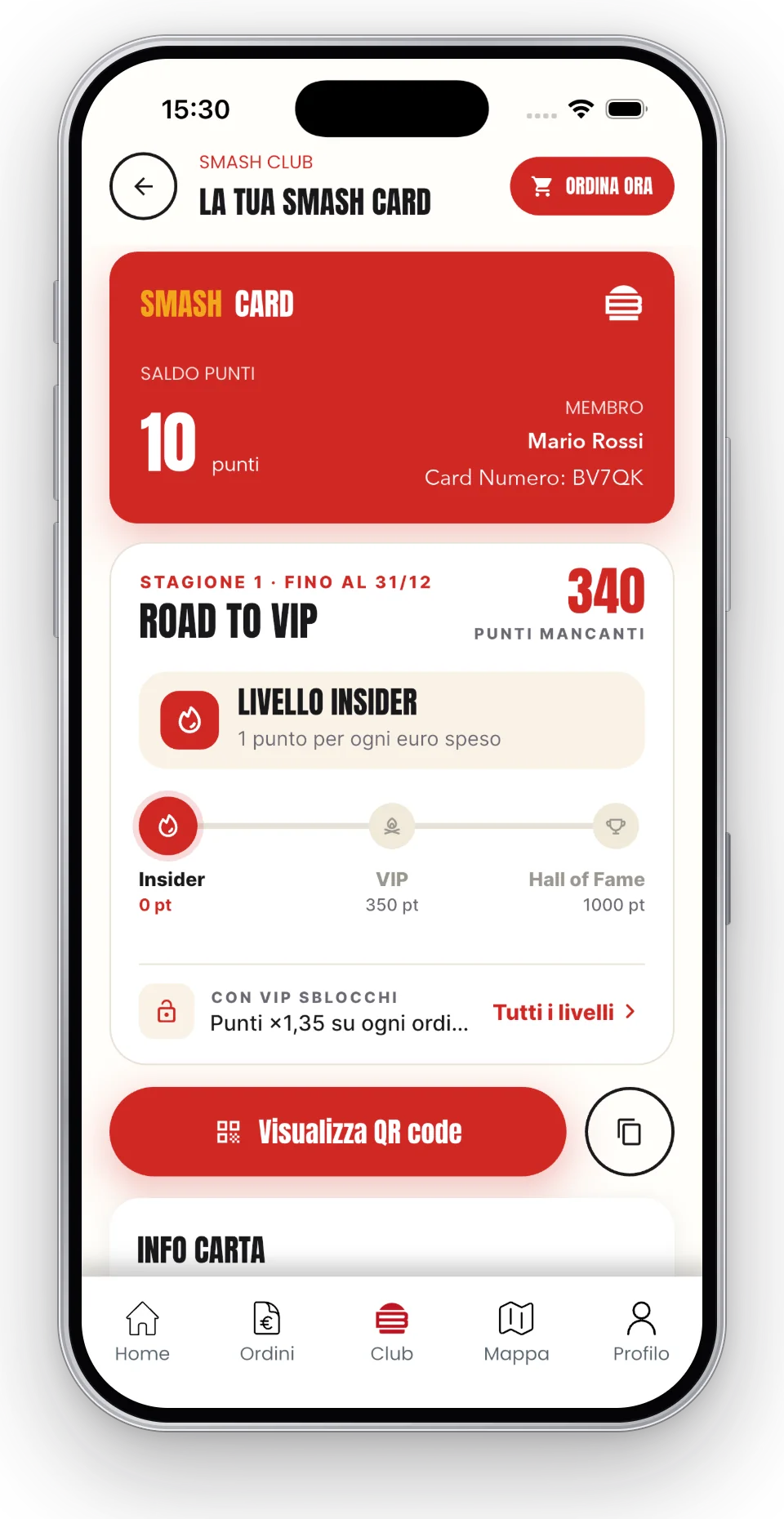 Smash Card con saldo punti e livelli nell'app Buonovero