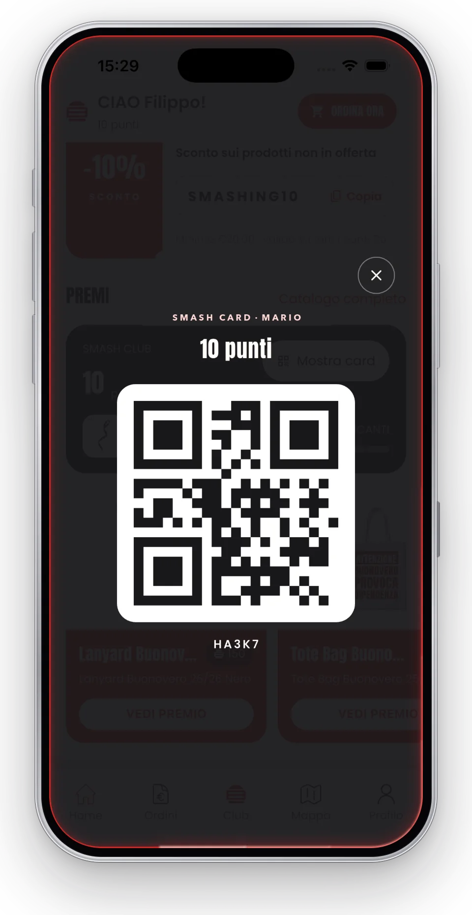 QR della Smash Card da mostrare al banco