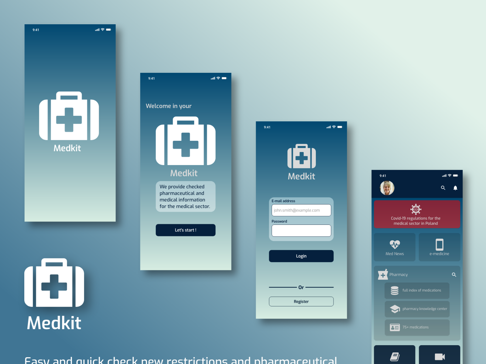 4 screens of medkit app with main page