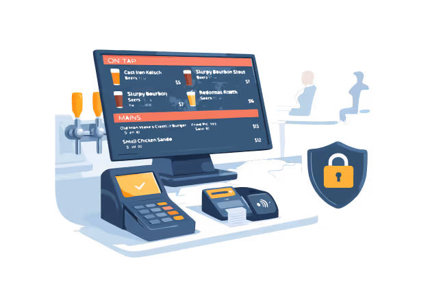 Digital point-of-sale system displaying a menu with drinks and food, connected to payment devices and secured by a digital lock icon.