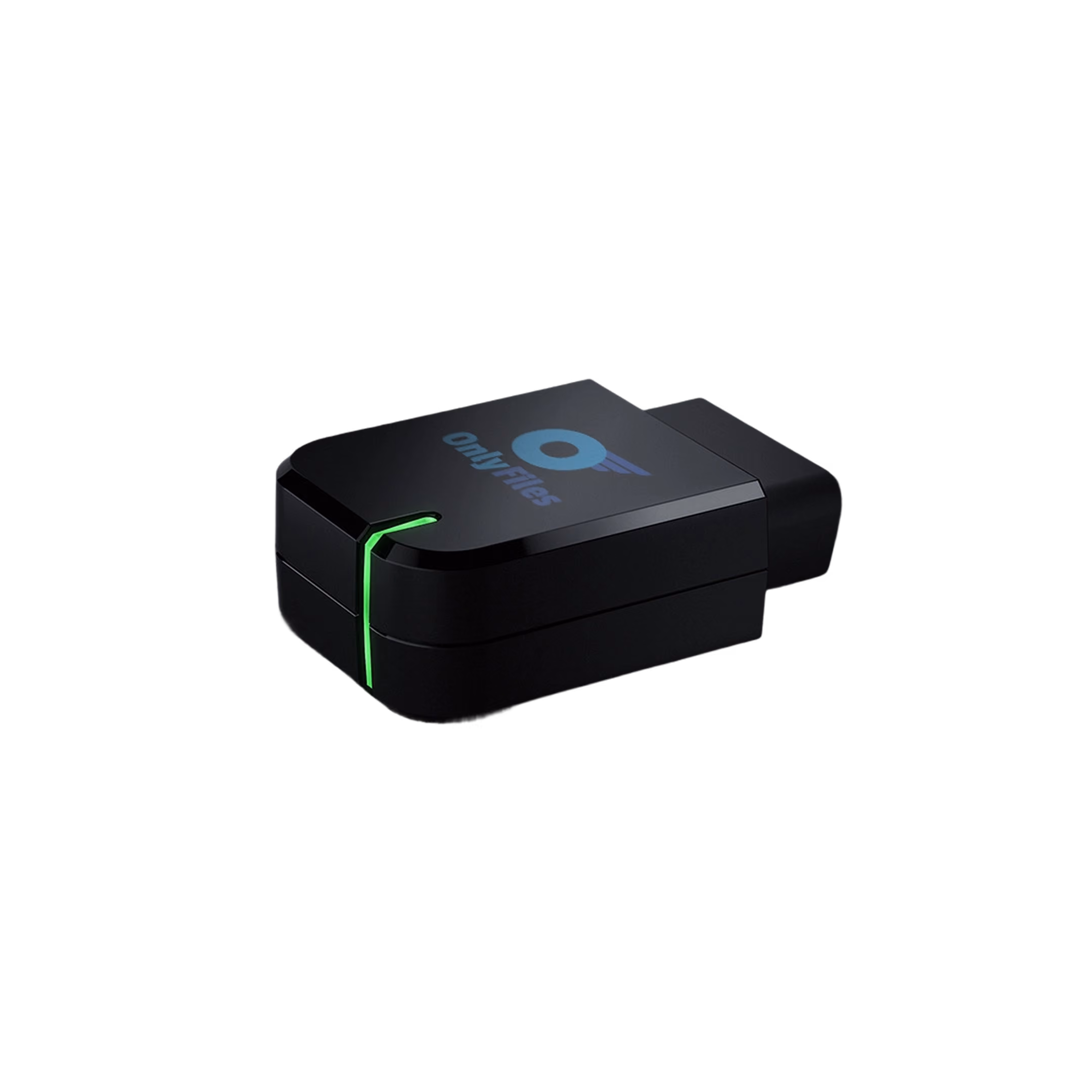 Black OnlyFiles dongle with glowing green light and logo on top, angled to show side and connector.