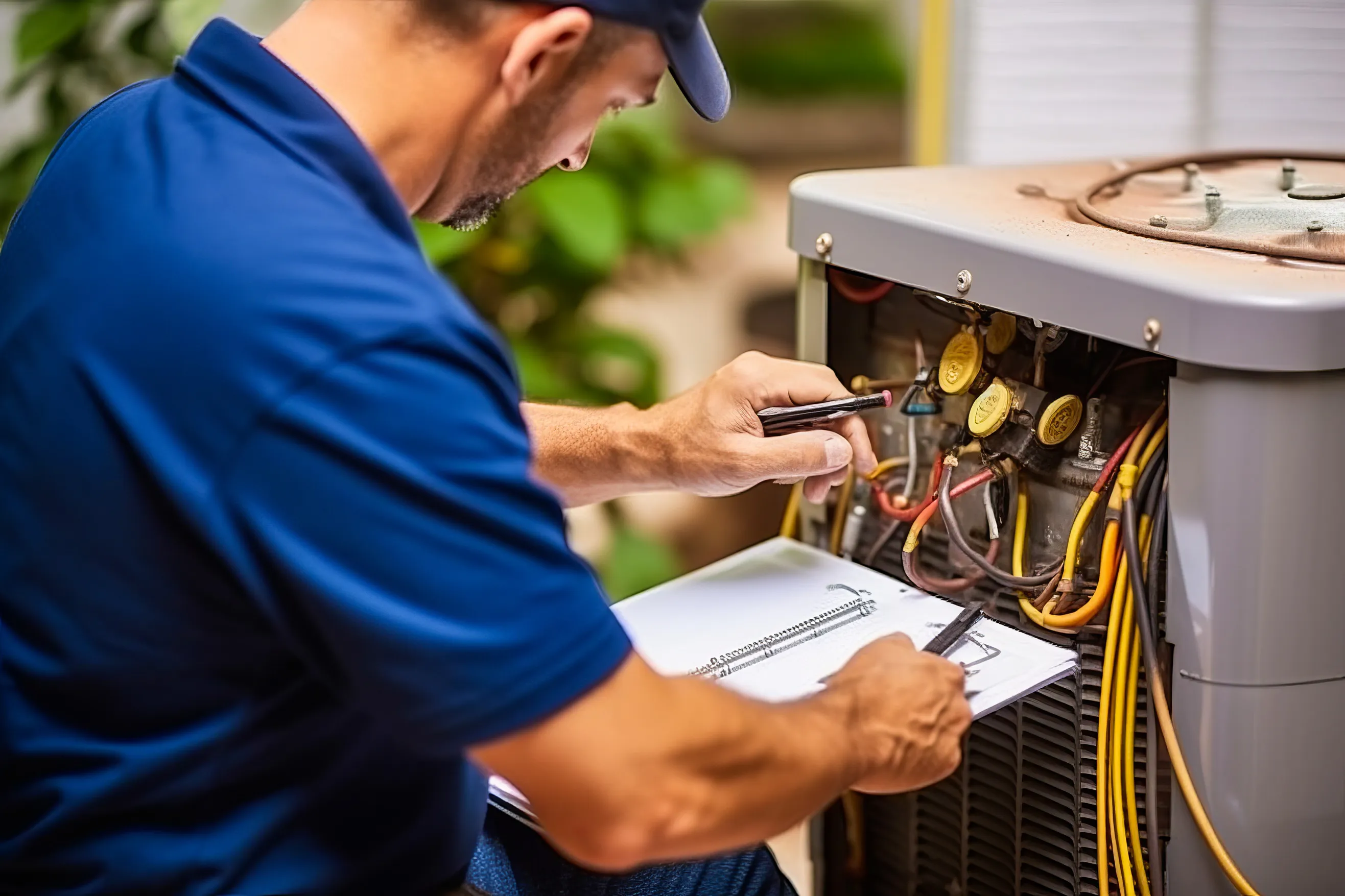 Technician in a blue shirt inspecting and repairing HVAC unit wiring while referring to a clipboard.