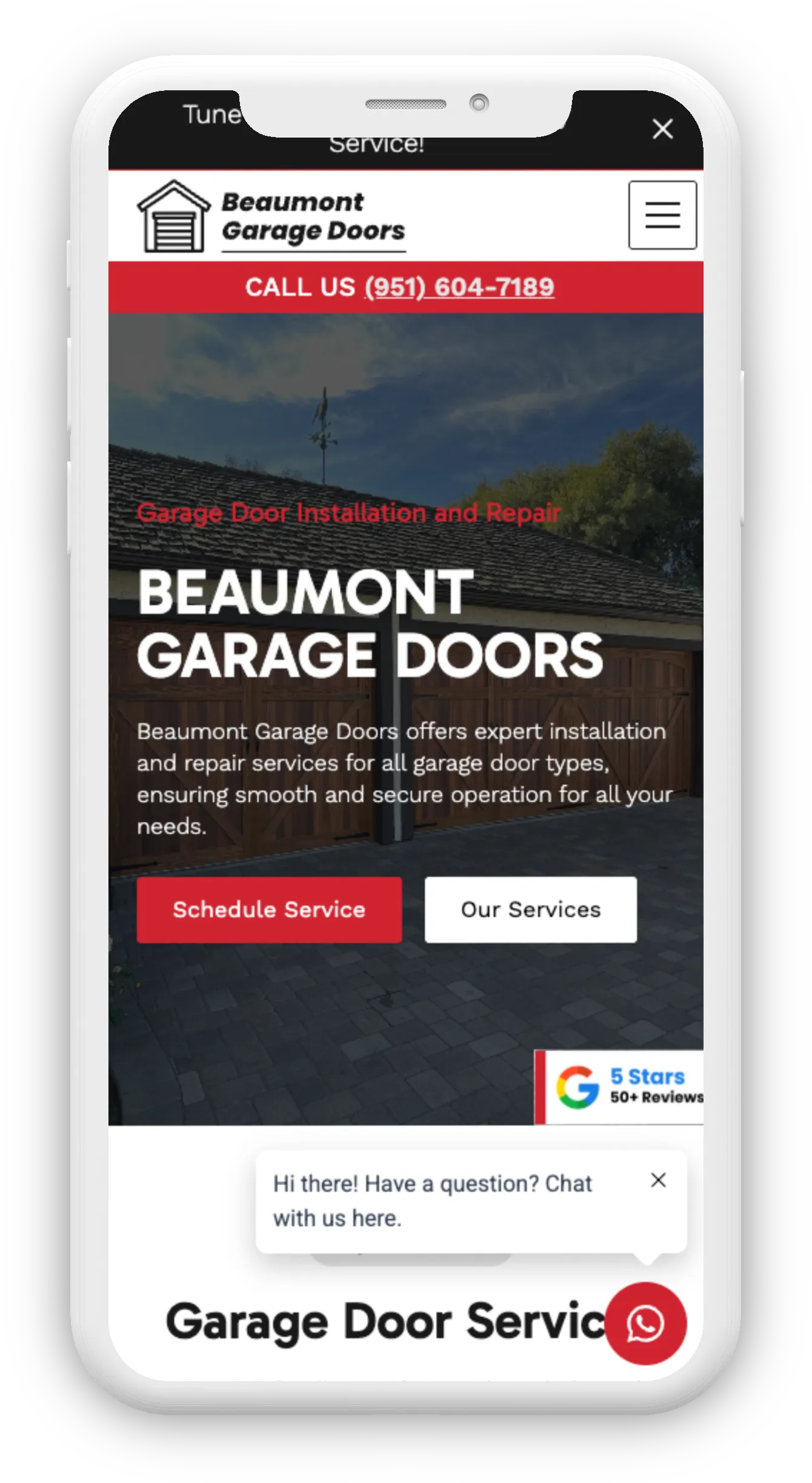 Mobile screen showing Beaumont Garage Doors website with contact number, service offer, and buttons to schedule service or view services.