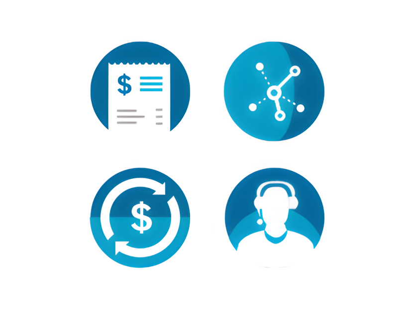 A set of financial icons representing a bill, financial interactions, contact us, and recurring payment.
