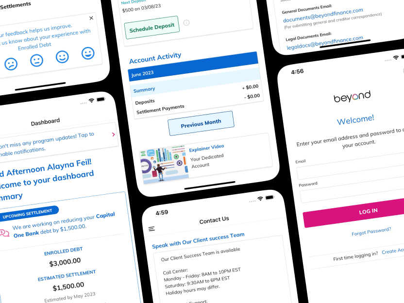 A variety of screens showing different types of information from the beyond app.