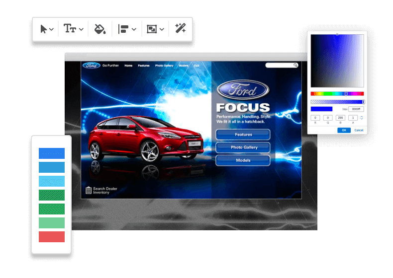 example image of a design UI, showing tools, colors, and swatches