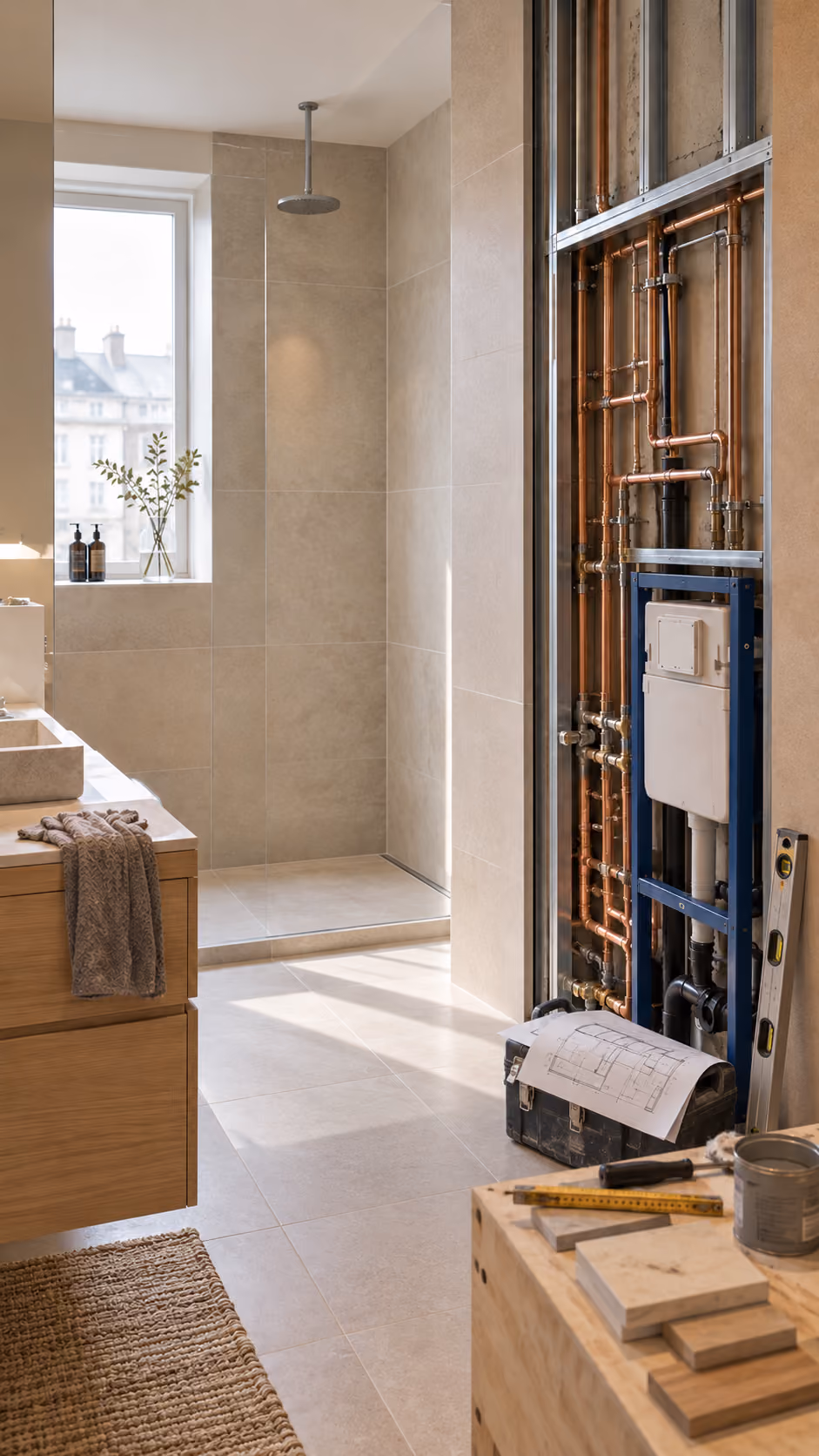 Badeværelse under renovering med synlige kobberrør og VVS-installation til højre, moderne brusebad fremstillet af beige fliser, træskab med vask og håndklæde, vindue med udsigt, og værktøj og byggematerialer i forgrunden.