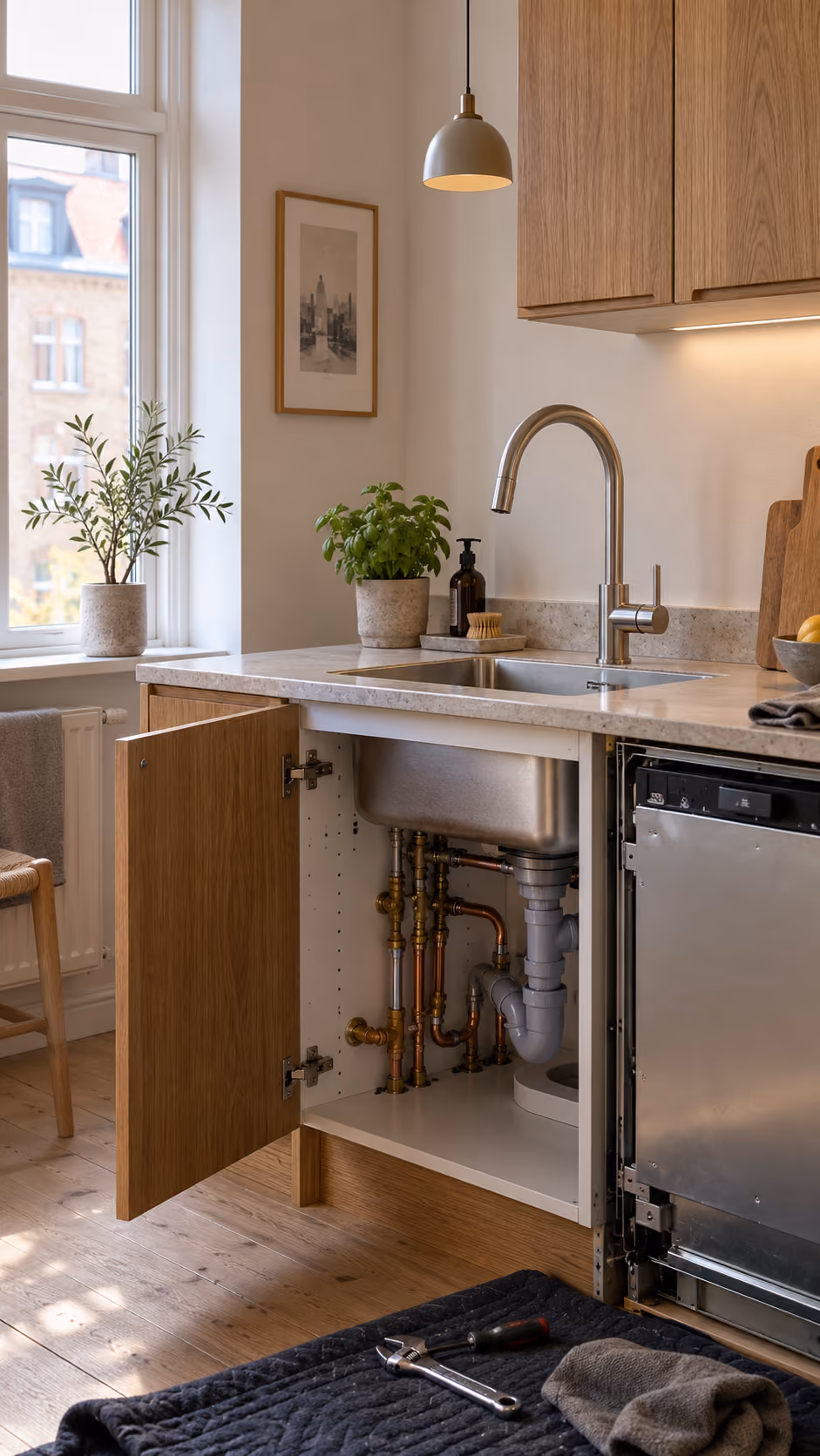 Køkkenscene med åben underskab under vask, hvor rør og installationer er synlige, ved siden af en delvist åben opvaskemaskine i rustfrit stål, med grå viskestykke og skruenøgle på gulvtæppe foran.