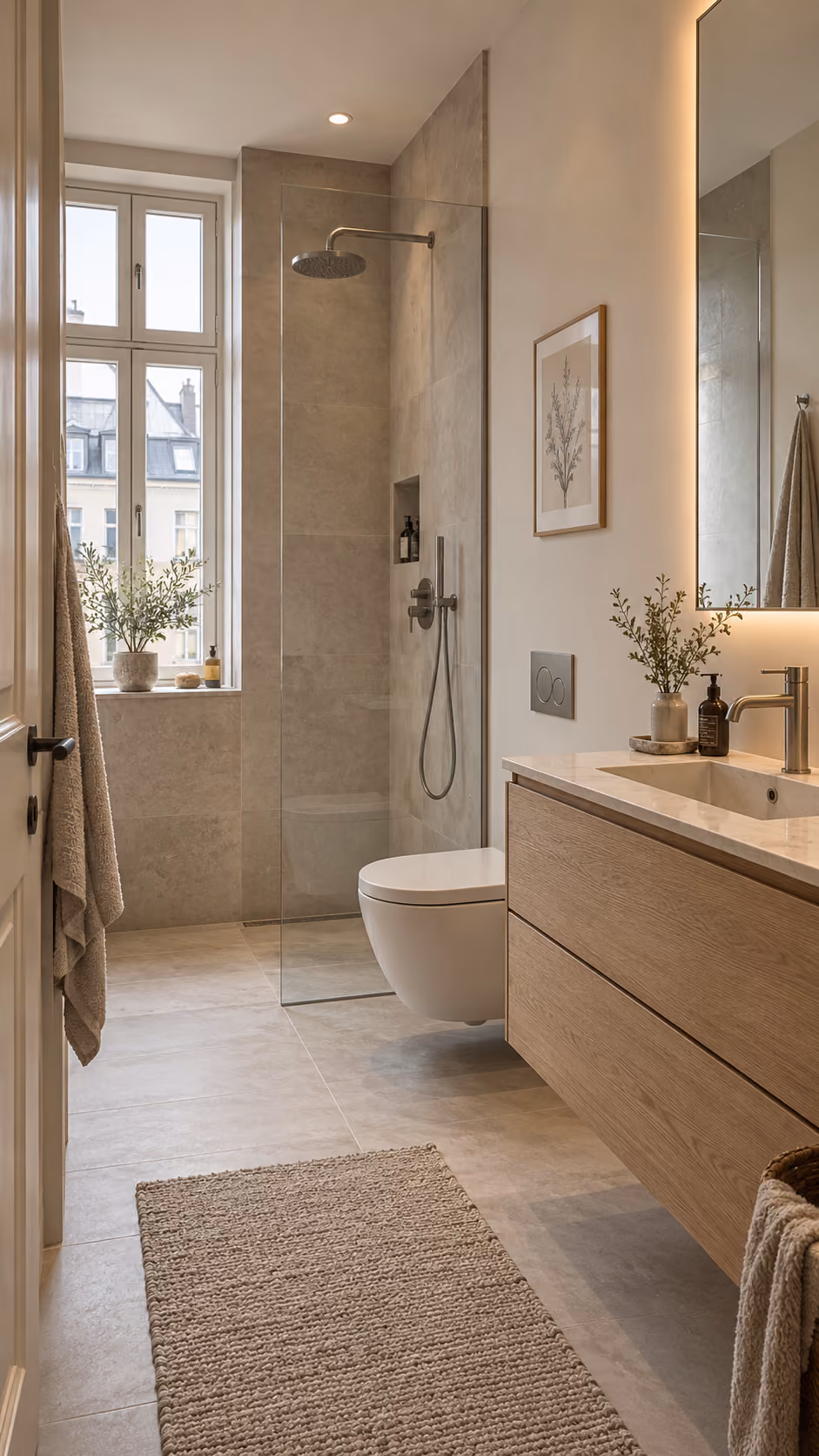 Moderne badeværelse med grå fliser, glasbruser med regnbruser, væghængt toilet, træskab med vask, stort spejl med LED-belysning og dekorative planter ved vinduet og på bordpladen.