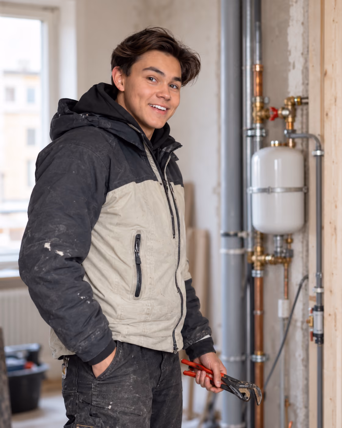 Ung mand i sort og beige jakke med hætte, der smilende holder en rødt skruenøgleværktøj i et rum med rørinstallationer og uafsluttede vægge.