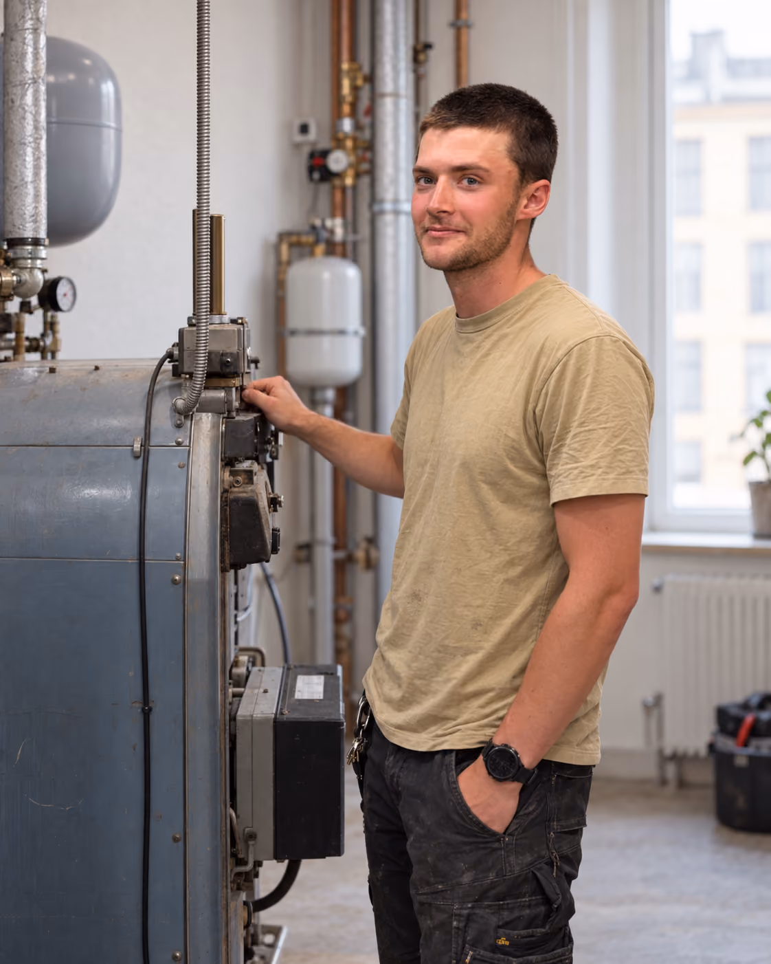 Mand i beige t-shirt og sorte bukser betjener et stort industriel udstyr i et rum med rør, ventiler og vindue med udsigt til bygninger.