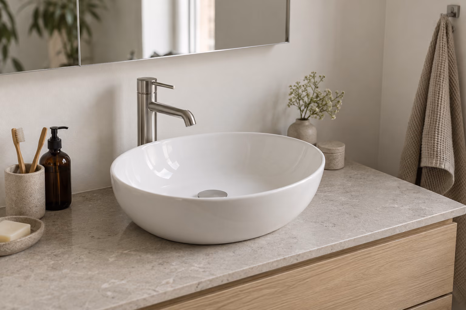 Moderne badeværelsesvask med hvid rund skål og rustfri stålfaucet på en grå marmorbordplade med tandbørster, sæbe, dispenser og en vase med blomster, samt et gråt håndklæde hængende på væggen.